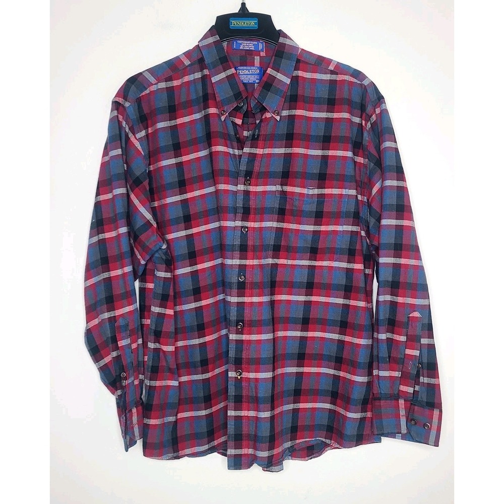 Pendleton Canterbury Cloth Button Up Mens XL Merino Wool Pima Cotton Red‎ Plaid